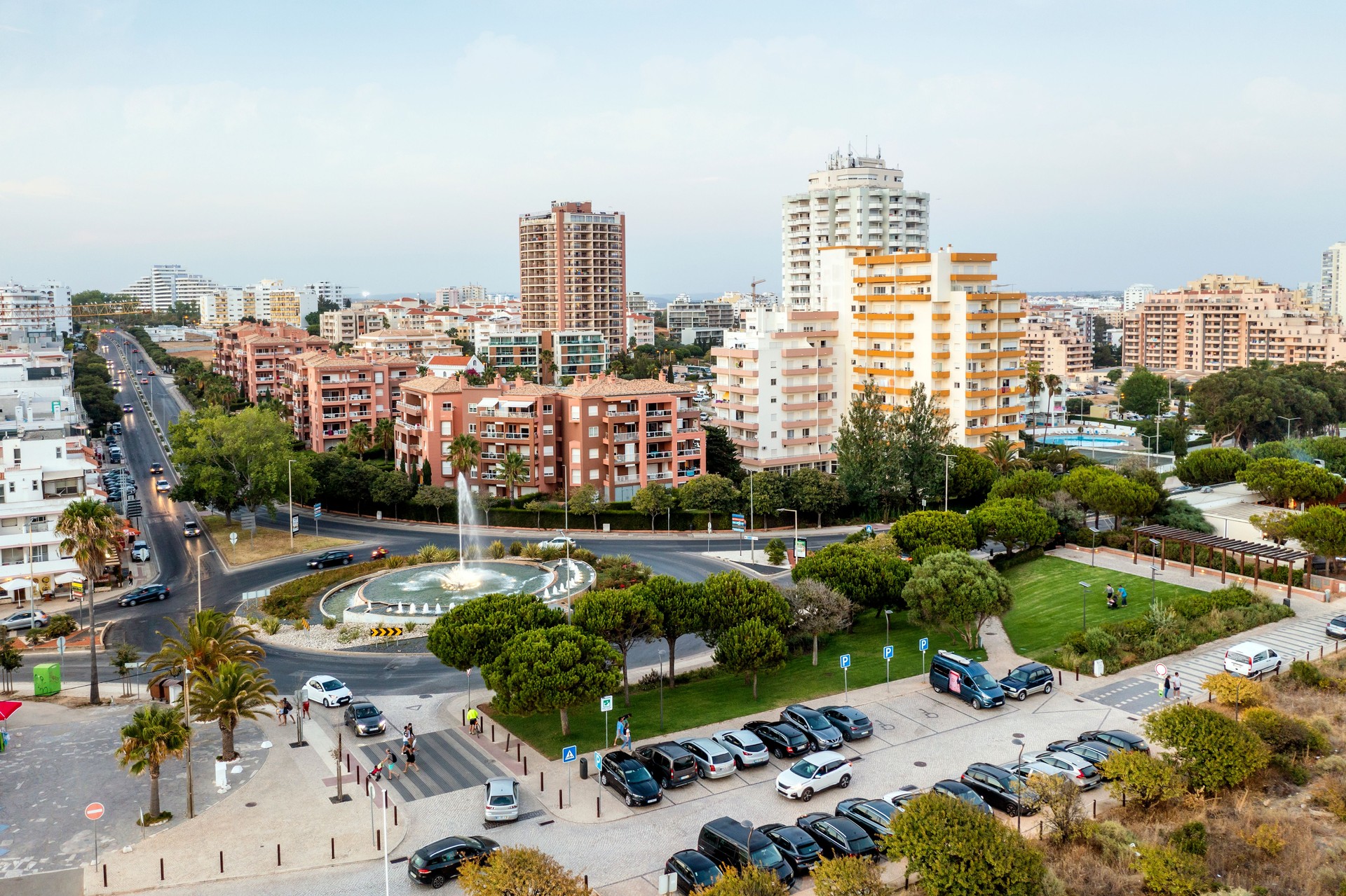 Aerial view of apartments buildings and traffic in Portimao, ALgarve, Portugal